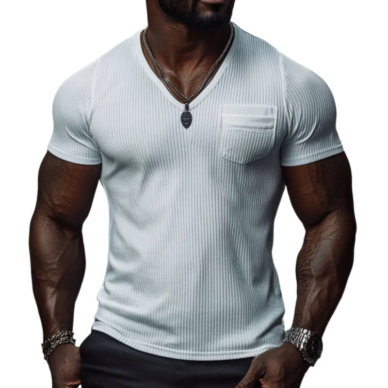 Men's Casual Ribbed Cotton Blend V-neck Slim Fit Short-sleeved T-shirt 94035365M sold by Manly