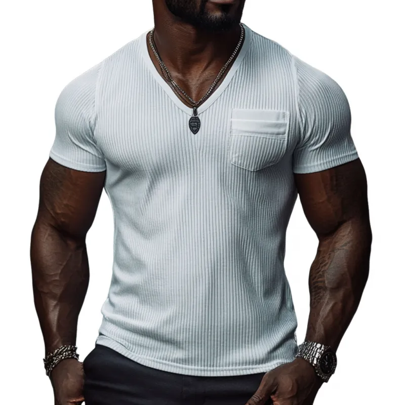 Men's Casual Ribbed Cotton Blend V-neck Slim Fit Short-sleeved T-shirt 94035365M sold by Manly