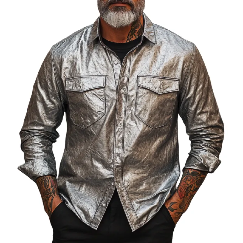 Men's Casual Multi-Pocket Lapel Silver Leather Long Sleeve Shirt 67258876F sold by Manly