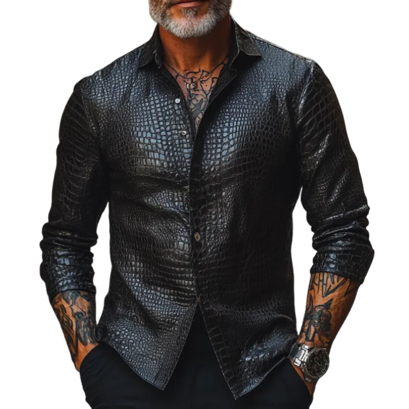 Men's Casual Slim Fit Lapel Crocodile Print Leather Long Sleeve Shirt 39789789F made by Manly