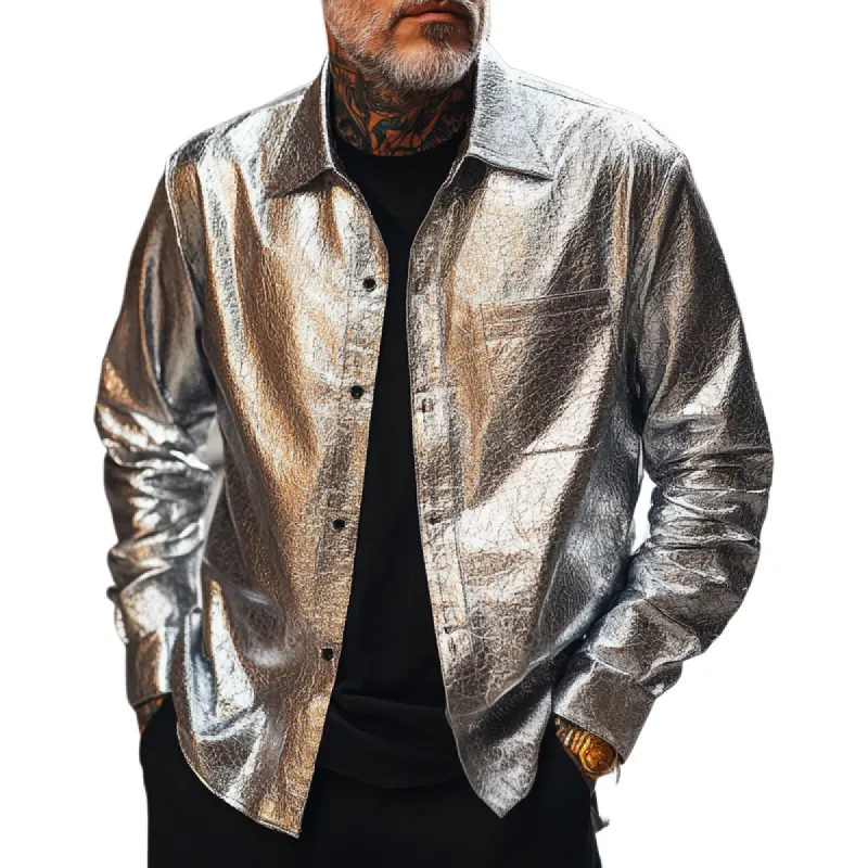 Men's Casual Fashion Lapel Silver Leather Long Sleeve Shirt 48310649F sold by Manly