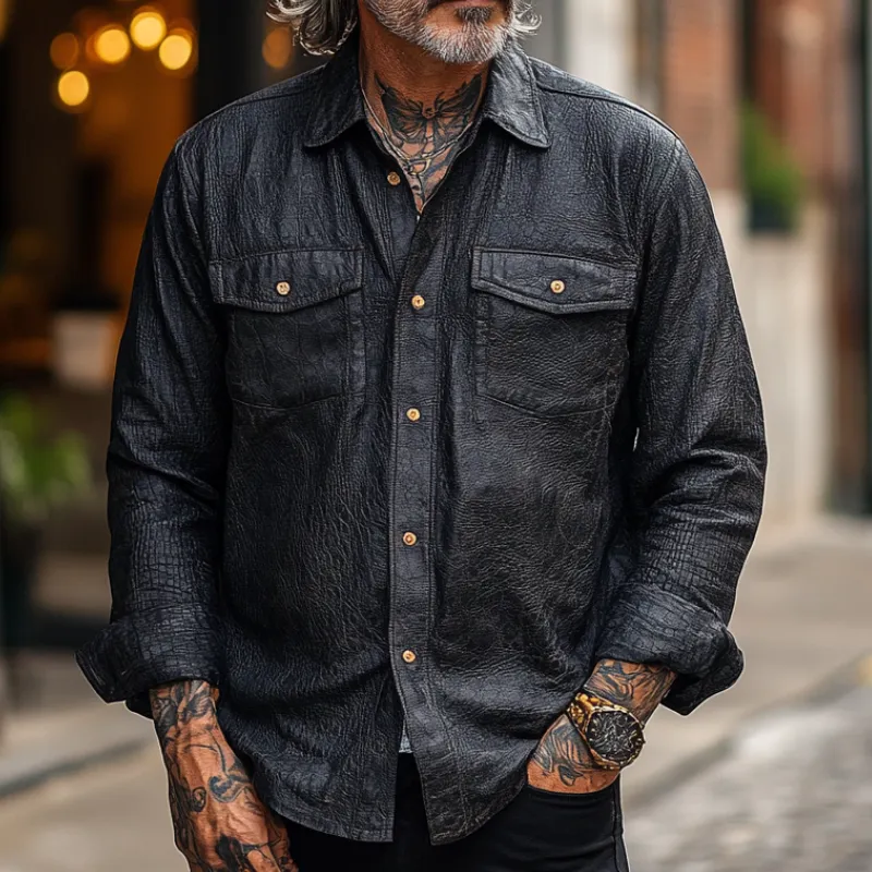 Men's Vintage Casual Lapel Textured Leather Long-sleeved Shirt 73829139F sold by Manly product image thumbnail 2