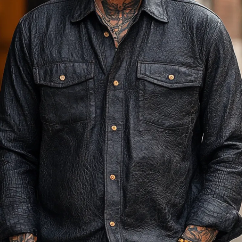 Men's Vintage Casual Lapel Textured Leather Long-sleeved Shirt 73829139F sold by Manly product image thumbnail 3