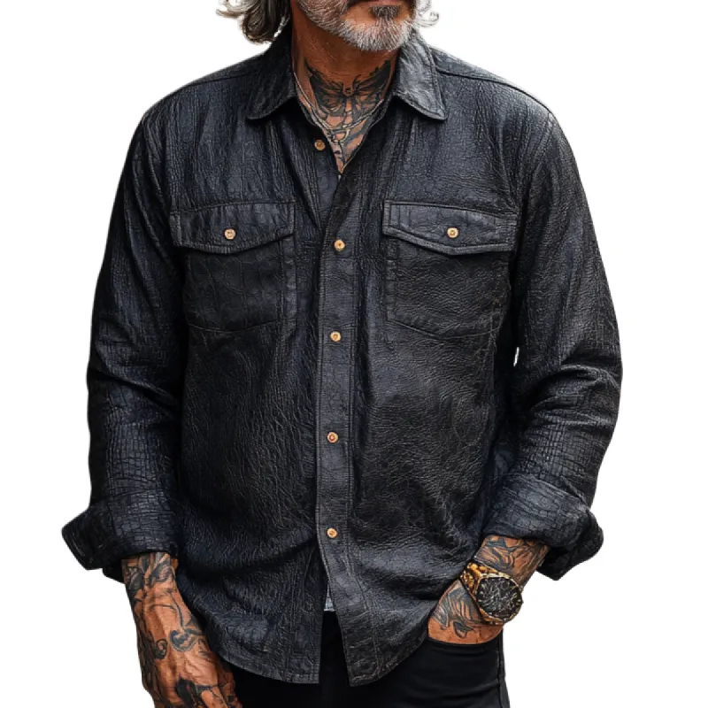 Men's Vintage Casual Lapel Textured Leather Long-sleeved Shirt 73829139F sold by Manly