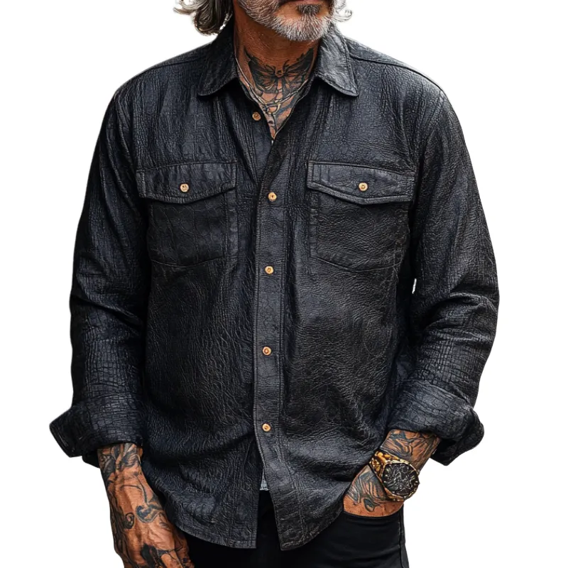Men's Vintage Casual Lapel Textured Leather Long-sleeved Shirt 73829139F sold by Manly
