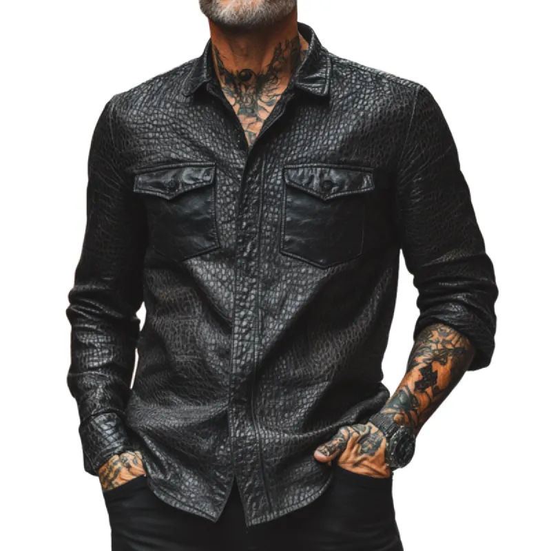 Men's Casual Multi-Pocket Lapel Textured Leather Long Sleeve Shirt 26305930F sold by Manly