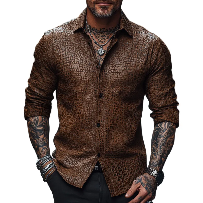 Men's Retro Slim Fit Crocodile Print Leather Long Sleeve Shirt 91283796F sold by Manly