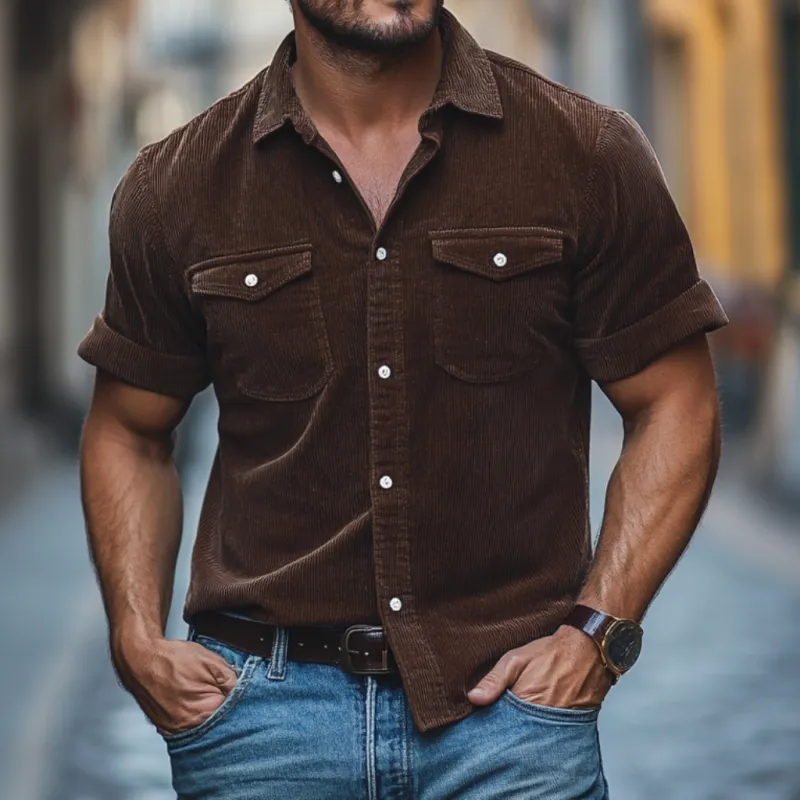 Men's Casual Corduroy Lapel Chest Pocket Loose Short Sleeve Shirt 65484066M sold by Manly product image thumbnail 2