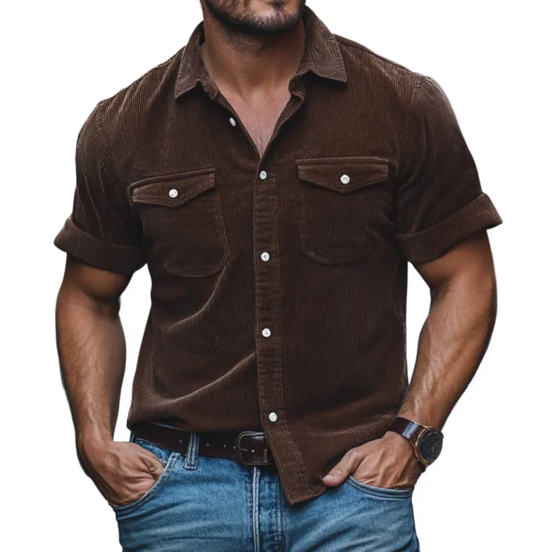 Men's Casual Corduroy Lapel Chest Pocket Loose Short Sleeve Shirt 65484066M sold by Manly