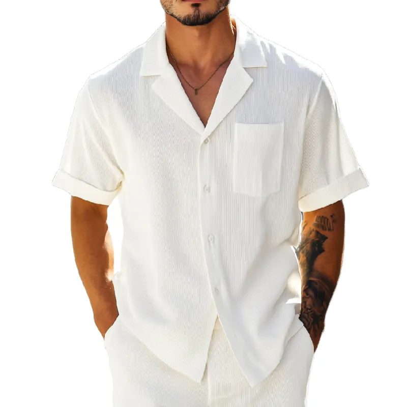 Men's Casual Ribbed Lapel Patch Pocket Loose Short-sleeved Shirt 24767767M sold by Manly