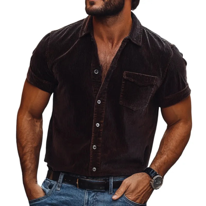 Men's Casual Corduroy Lapel Patch Pocket Loose Short Sleeve Shirt 85910465M sold by Manly
