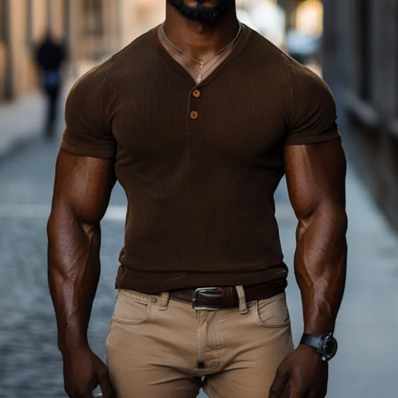 Men's Casual Cotton Blended Ribbed V-neck Slim Short-sleeved T-shirt 80751838M sold by Manly product image thumbnail 2