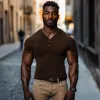 Men's Casual Cotton Blended Ribbed V-neck Slim Short-sleeved T-shirt 80751838M sold by Manly