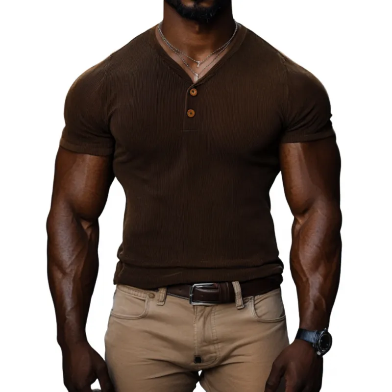 Men's Casual Cotton Blended Ribbed V-neck Slim Short-sleeved T-shirt 80751838M sold by Manly