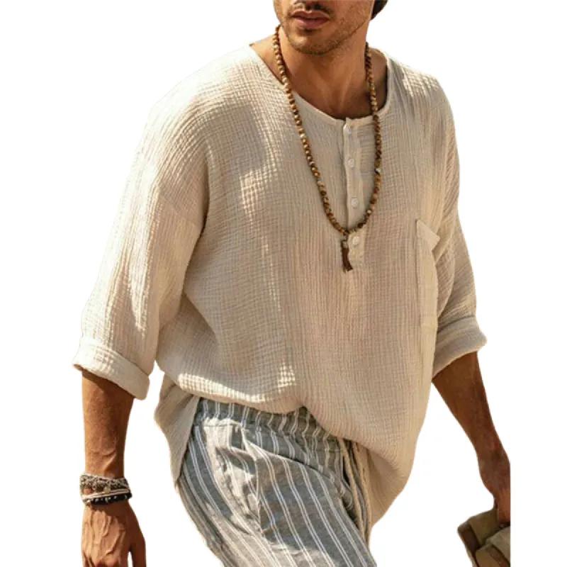 Men's Casual Breathable Round Neck Four-button Long-sleeved T-shirt 90216848U sold by Manly