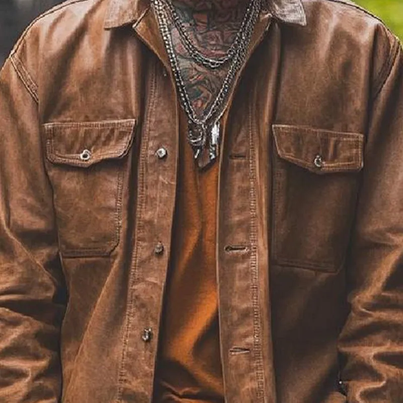 Men's Vintage Leather Loose Long Sleeve Shirt 42978498U sold by Manly product image thumbnail 3