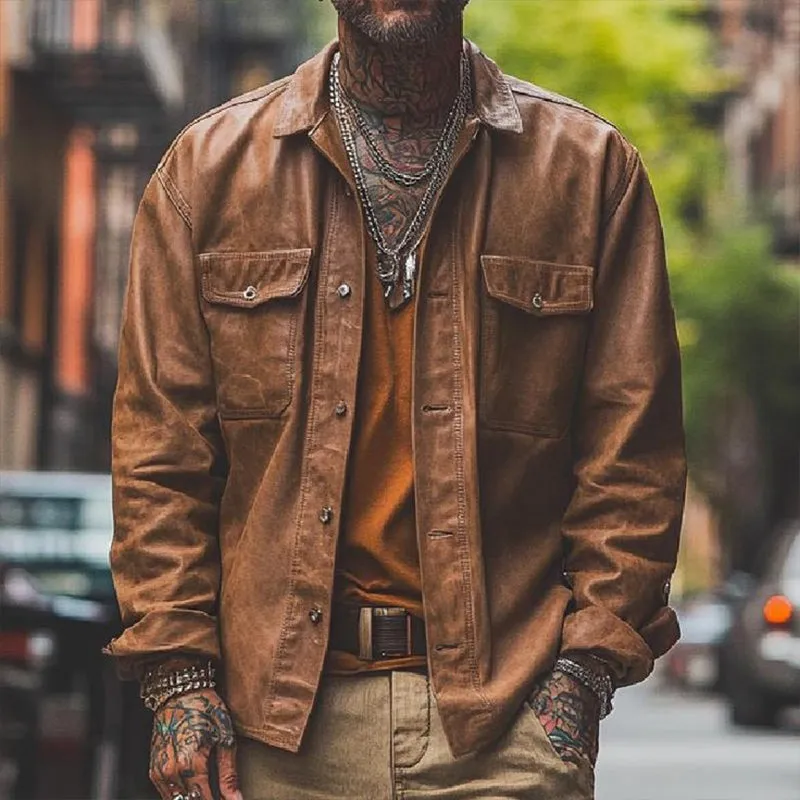 Men's Vintage Leather Loose Long Sleeve Shirt 42978498U sold by Manly product image thumbnail 2