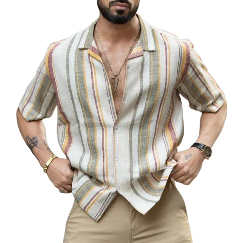 Men's Casual Colorful Striped Printed Cotton and Linen Short-sleeved Shirt 67844290U sold by Manly