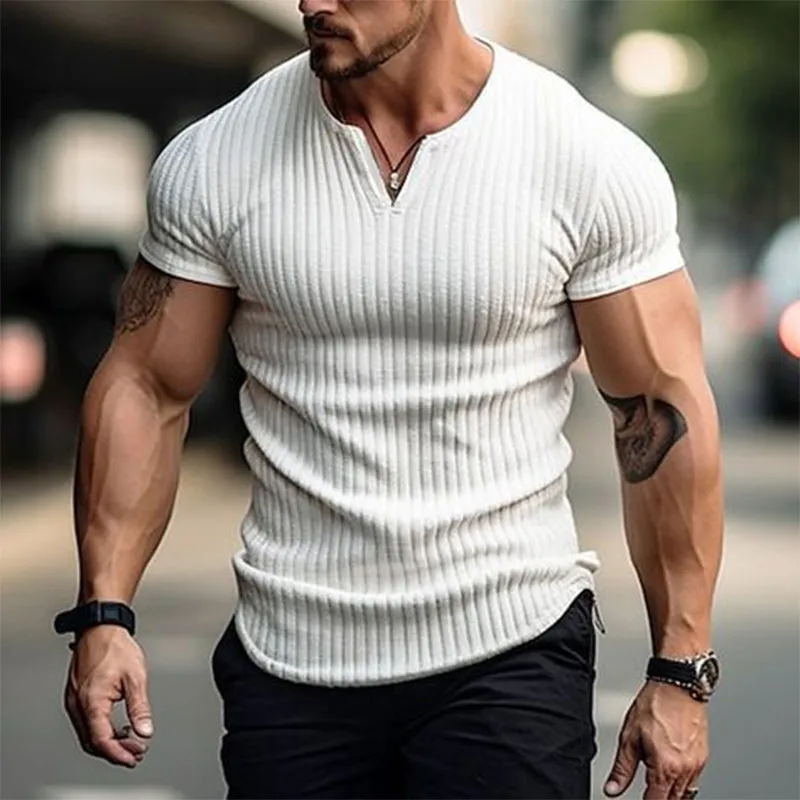 Men's Slim Fit Small V-neck Solid Color Ribbed Short-sleeved T-shirt 77851077U sold by Manly product image thumbnail 2