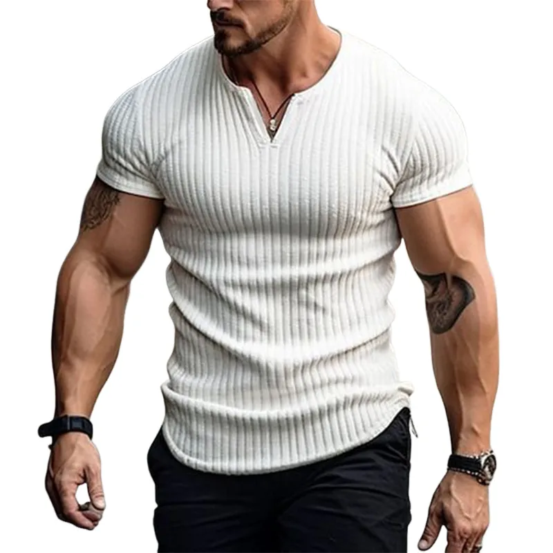 Men's Slim Fit Small V-neck Solid Color Ribbed Short-sleeved T-shirt 77851077U sold by Manly