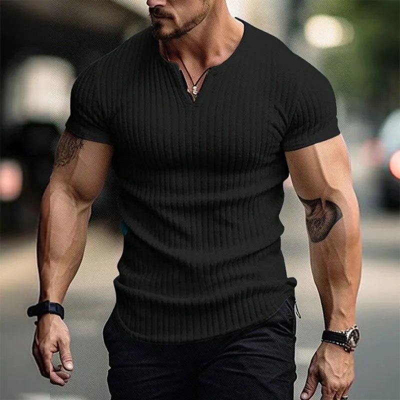 Men's Slim Fit Small V-neck Solid Color Ribbed Short-sleeved T-shirt 77851077U sold by Manly product image thumbnail 3