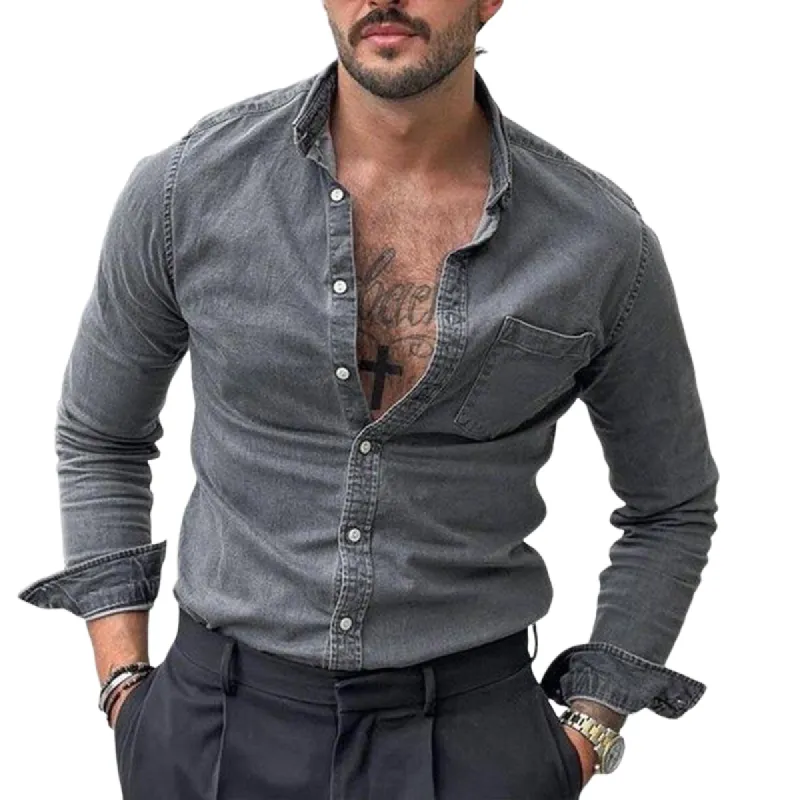 Men's Vintage Washed Denim Slim Fit Long Sleeve Shirt 52378012U sold by Manly