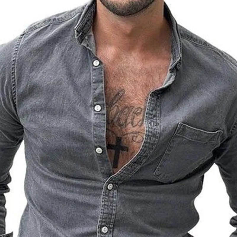 Men's Vintage Washed Denim Slim Fit Long Sleeve Shirt 52378012U sold by Manly product image thumbnail 3