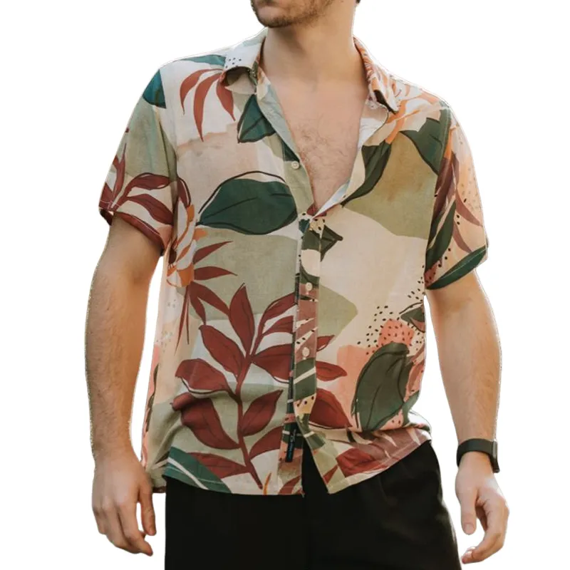 Men's Casual Loose Leaf Printed Cotton Short Sleeve Shirt 43667084U sold by Manly