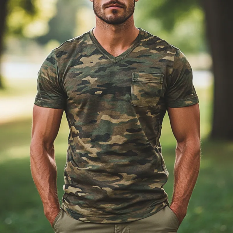 Men's Casual Outdoor Camouflage V-Neck Patch Pocket Short Sleeve T-Shirt 49937276M sold by Manly product image thumbnail 2