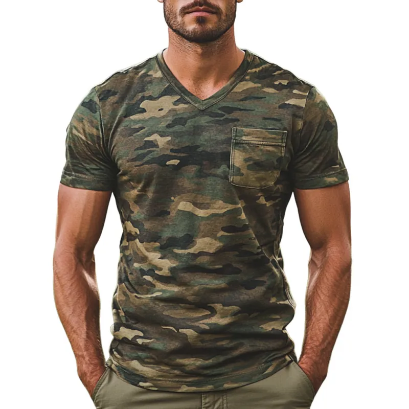 Men's Casual Outdoor Camouflage V-Neck Patch Pocket Short Sleeve T-Shirt 49937276M sold by Manly