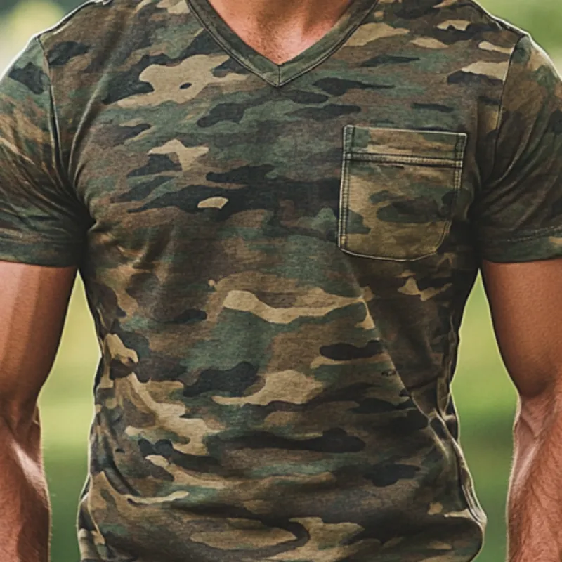 Men's Casual Outdoor Camouflage V-Neck Patch Pocket Short Sleeve T-Shirt 49937276M sold by Manly product image thumbnail 3