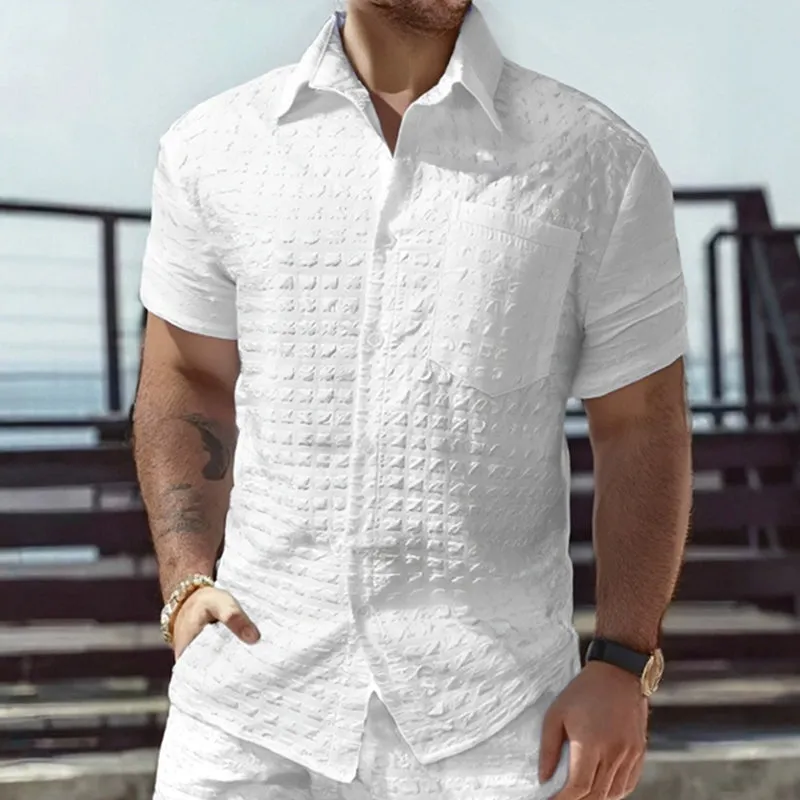 Men's Solid Color Textured Short-sleeved Lapel Shirt 20925856X sold by Manly product image thumbnail 2