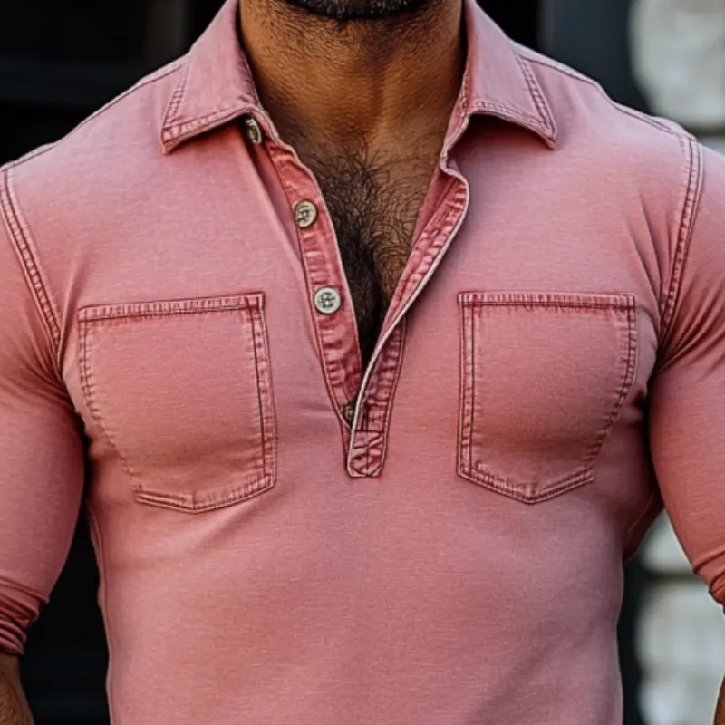 Men Fashion Washed Cotton Slim Fit Double Chest Pockets Long Sleeve Polo Shirt 83123471Y sold by Manly product image thumbnail 2