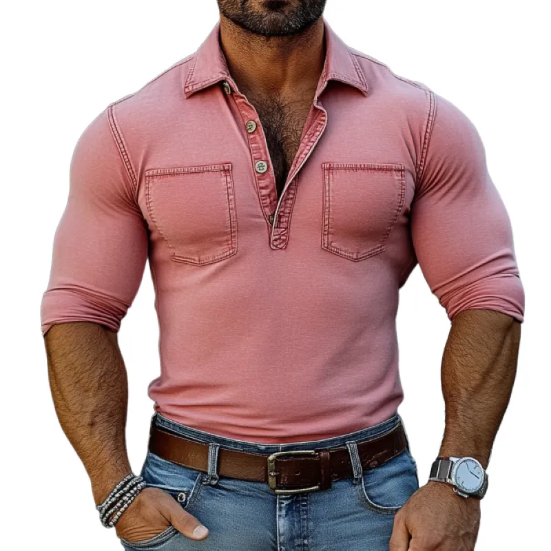 Men Fashion Washed Cotton Slim Fit Double Chest Pockets Long Sleeve Polo Shirt 83123471Y sold by Manly