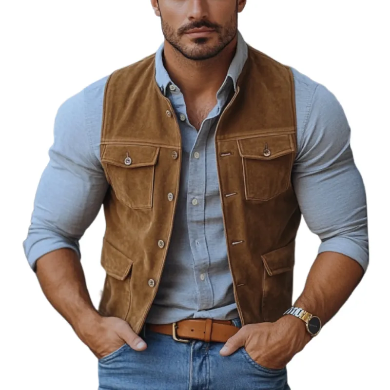 Men's Fashion Suede Round Neck Multi-Pocket Single Breasted Slim Fit Vest 84161193Y sold by Manly