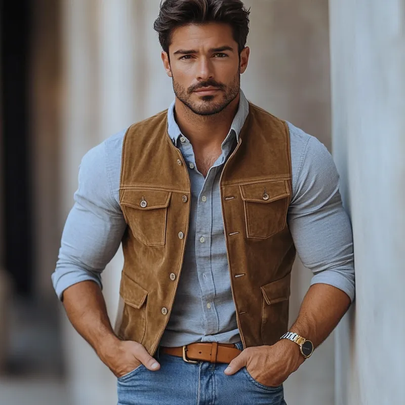 Men's Fashion Suede Round Neck Multi-Pocket Single Breasted Slim Fit Vest 84161193Y sold by Manly product image thumbnail 3
