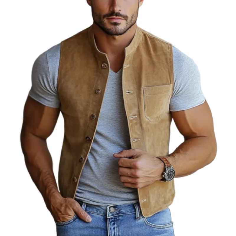 Men's Fashion Suede Stand Collar Single Breasted Slim Fit Vest 64492843Y sold by Manly