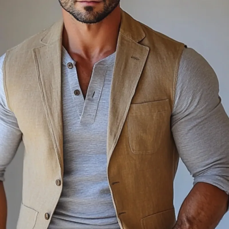 Men's Fashion Linen Lapel Multi-Pocket Single Breasted Slim Fit Vest 08404783Y sold by Manly product image thumbnail 2