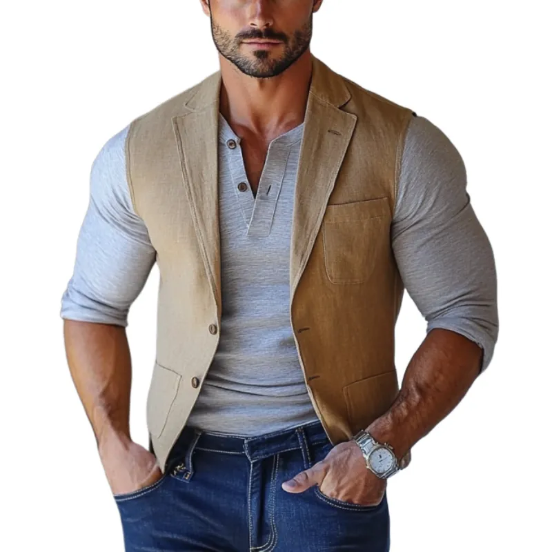 Men's Fashion Linen Lapel Multi-Pocket Single Breasted Slim Fit Vest 08404783Y sold by Manly