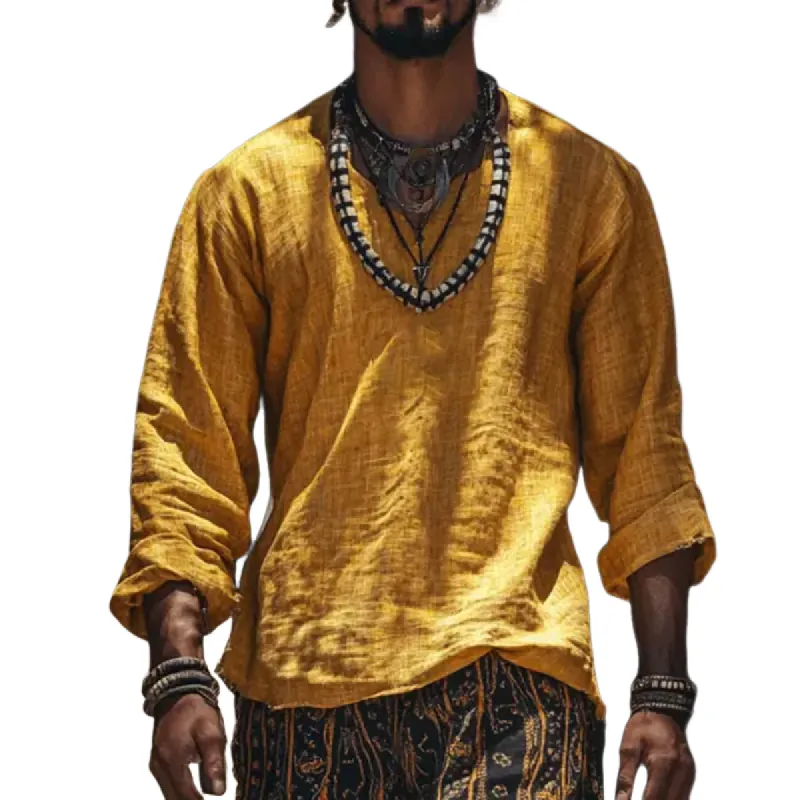 Men's Casual Vacation Cotton And Linen Light Round Neck Long Sleeve Shirt 65242411Y sold by Manly