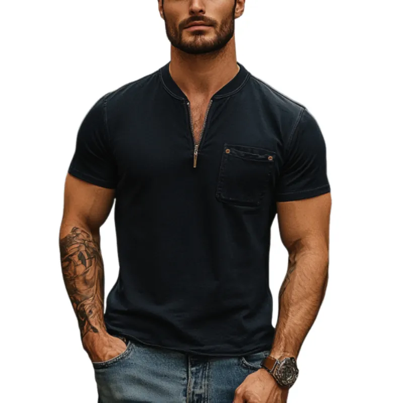 Men's Slim Fit Skin-friendly Zipper Collar Chest Pocket Short Sleeve T-shirt 89976526Y sold by Manly