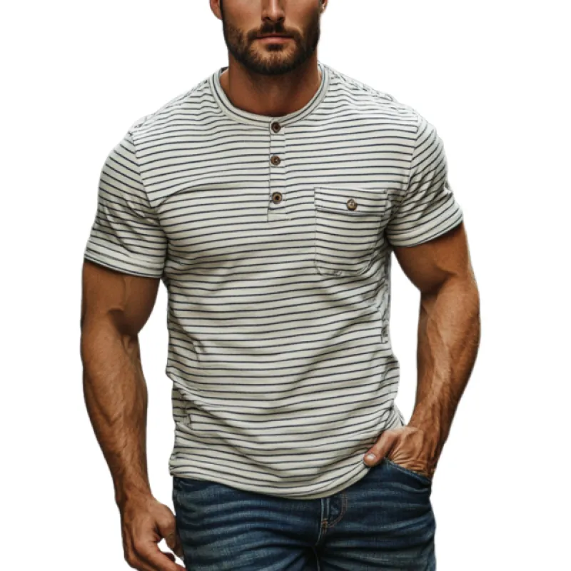 Men's Slim Fit Stripe Print Buttons Collar Chest Pocket Short Sleeve T-shirt 90825347Y sold by Manly
