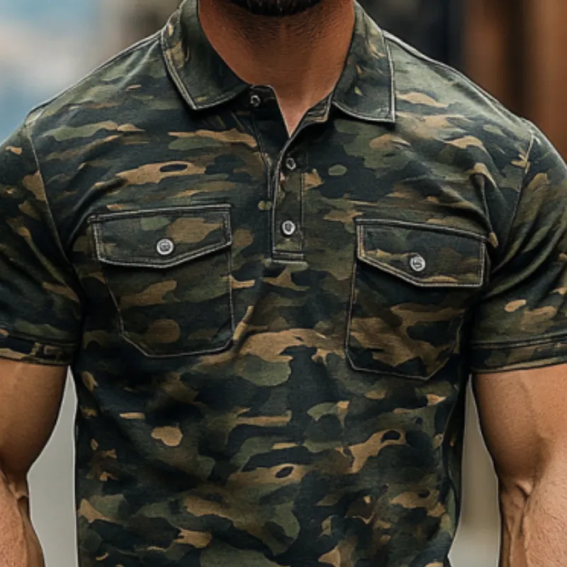 Men Fashion Slim Fit Camouflage Print Double Chest Pocket Short Sleeve Polo Shirt 08488767Y sold by Manly product image thumbnail 2