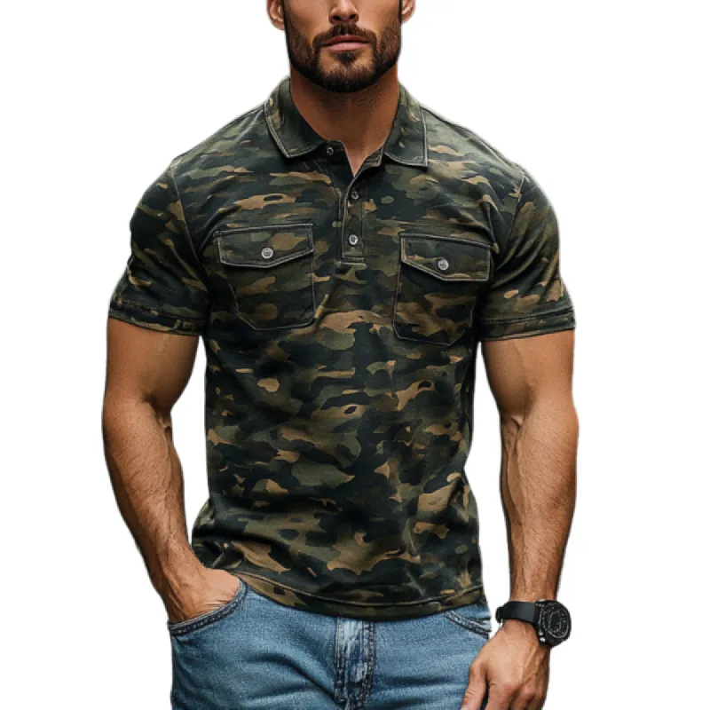 Men's Casual Camo Print Pocket Short Sleeve Polo Shirt