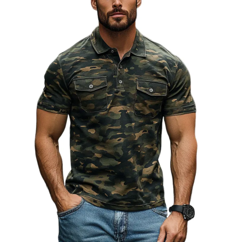 Men Fashion Slim Fit Camouflage Print Double Chest Pocket Short Sleeve Polo Shirt 08488767Y sold by Manly