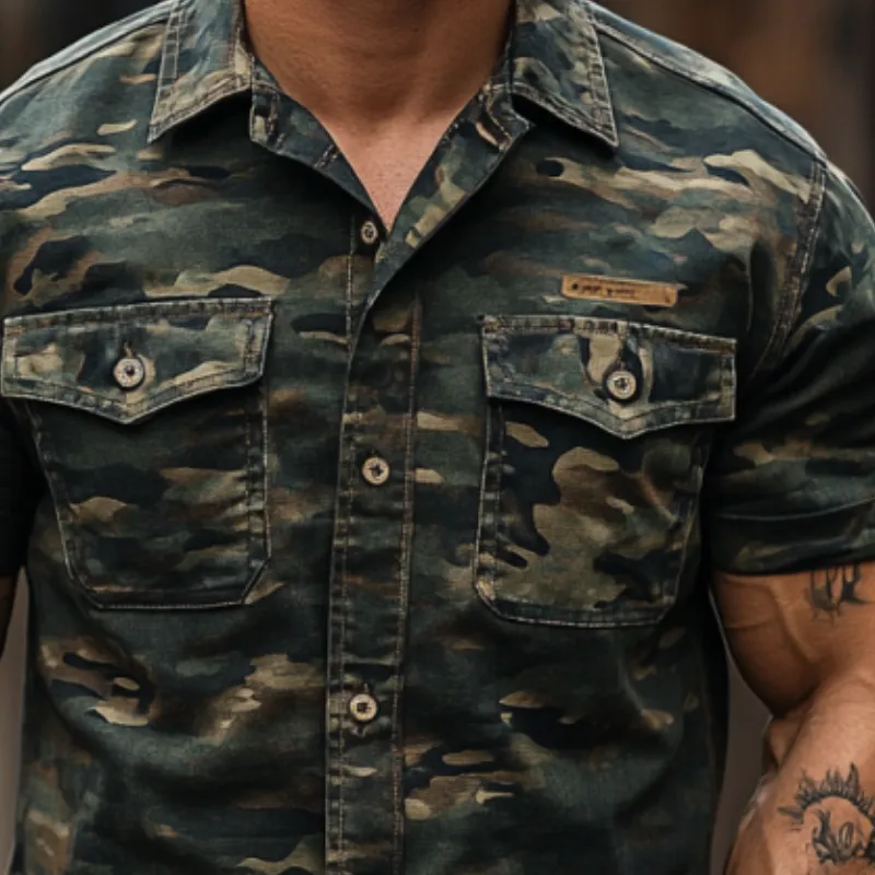Men's Vintage Slim Fit Camouflage Print Double Chest Pocket Short Sleeve Shirt 98944333Y sold by Manly product image thumbnail 2