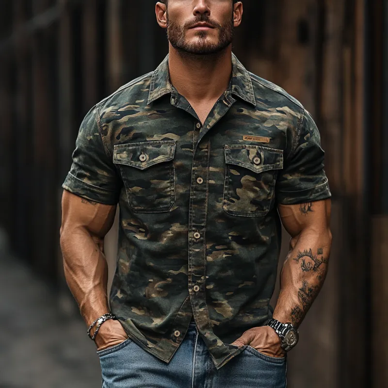 Men's Vintage Slim Fit Camouflage Print Double Chest Pocket Short Sleeve Shirt 98944333Y sold by Manly product image thumbnail 3
