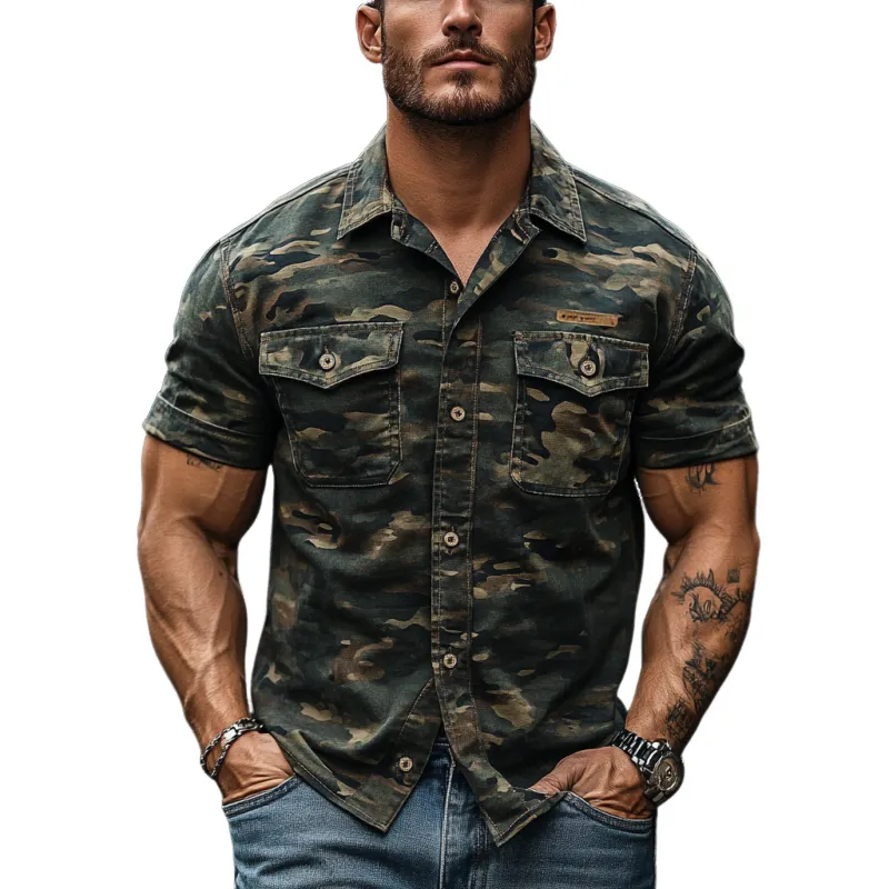 Men's Vintage Slim Fit Camouflage Print Double Chest Pocket Short Sleeve Shirt 98944333Y sold by Manly