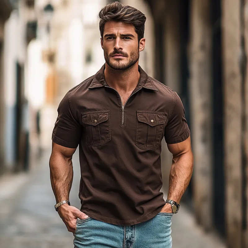 Men Fashion Cotton Double Chest Pockets Zipper Lapel Short Sleeve Polo Shirt 03698176Y sold by Manly product image thumbnail 3