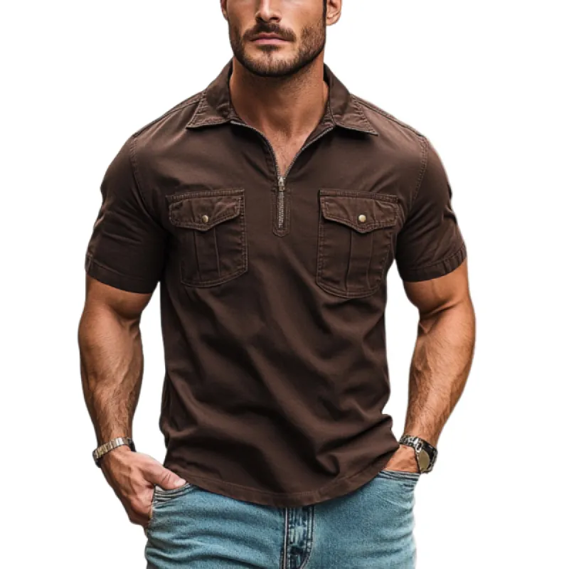 Men Fashion Cotton Double Chest Pockets Zipper Lapel Short Sleeve Polo Shirt 03698176Y sold by Manly